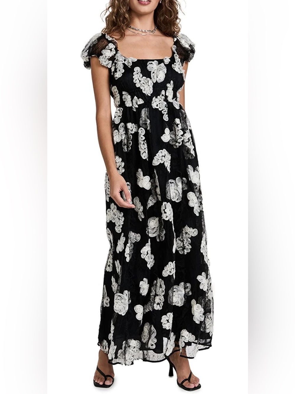 Rebecca Taylor Women's Ribbon Lace maxi Dress Black Size 6 Floral White Appliqué